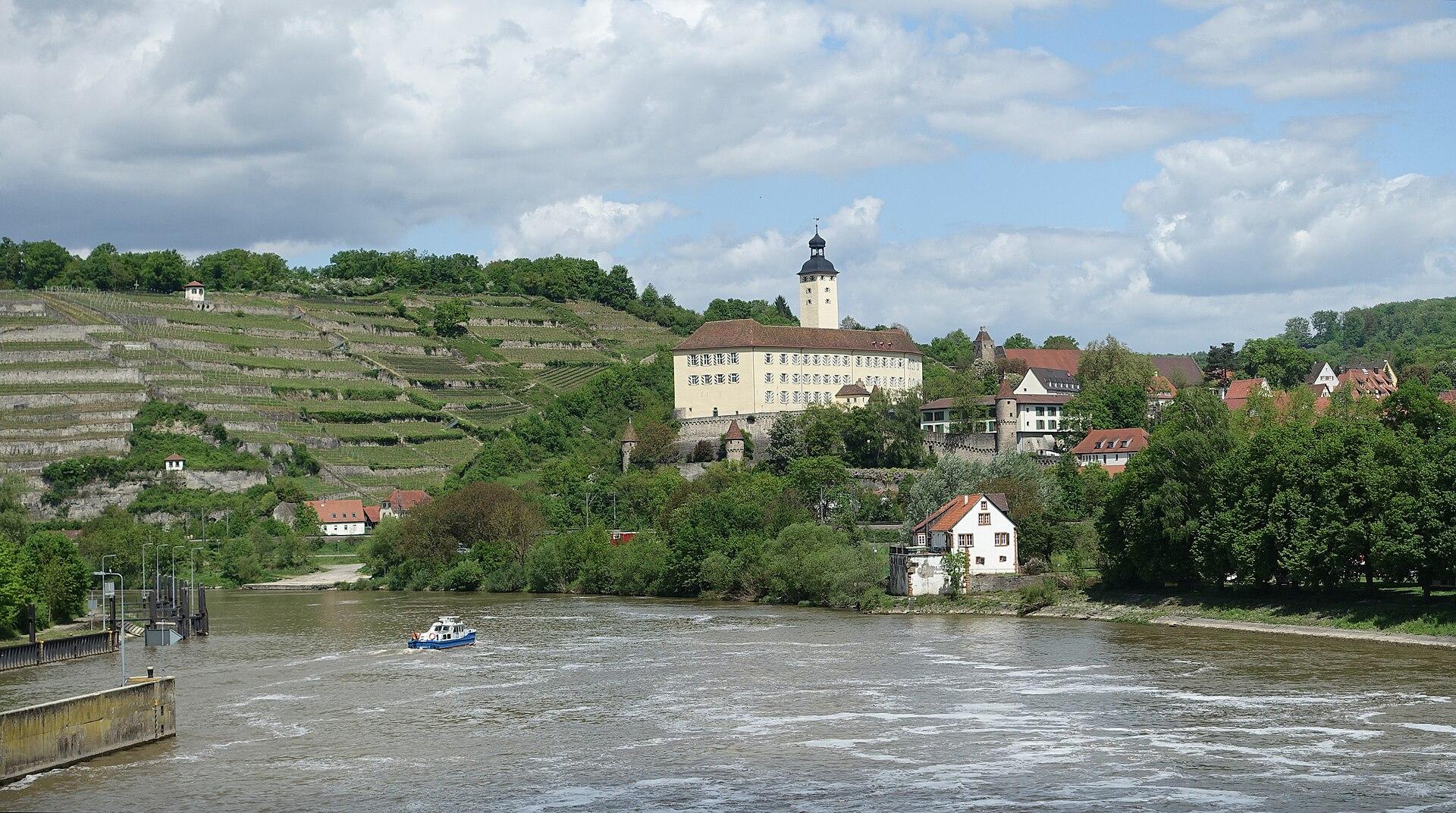 Gundelsheim mit Schloss Horneck oberhalb des Neckars